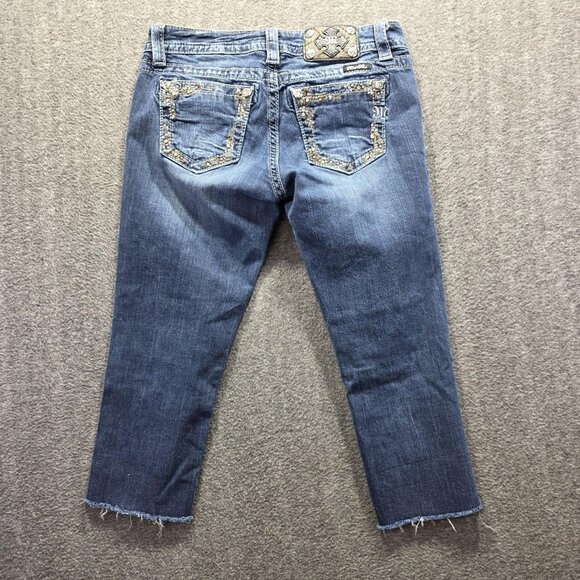 Miss Me Jeans Womens 27 Blue Mid Rise Easy Skinny Embellished Raw Hem *Cut off* - Picture 2 of 10